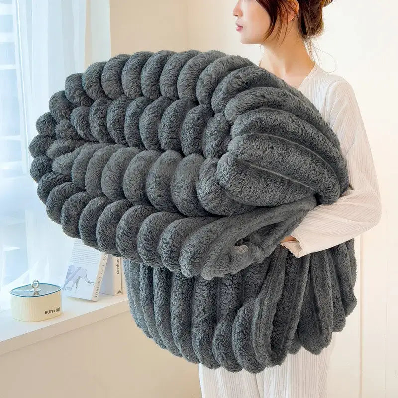 Artificial Rabbit Plush Throw Blanket Striped Knit Ultimate Warmth - Dark Grey / 226x274cm
