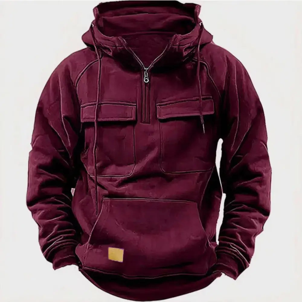 New autumn-winter men’s hooded solid-color casual hoodie - fashionable young man’s multi-pocket patch hoodie pullover