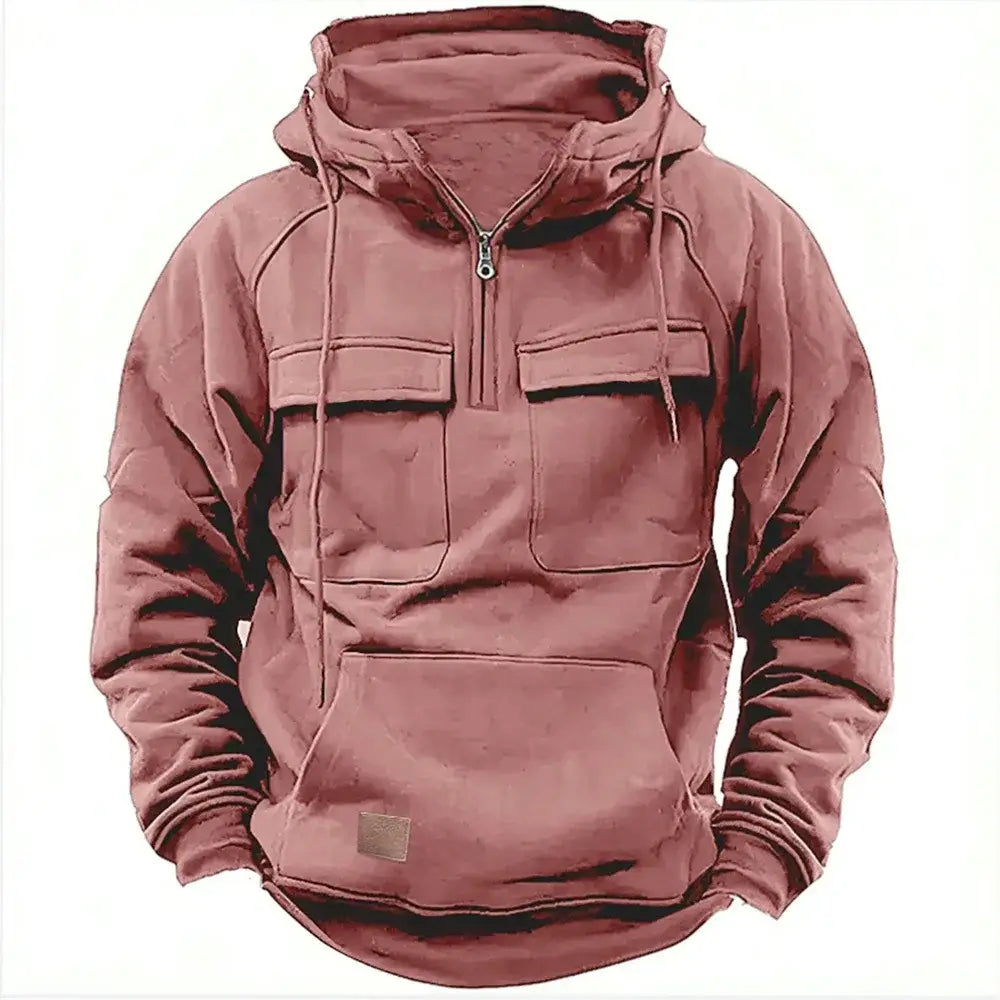 New autumn-winter men’s hooded solid-color casual hoodie - fashionable young man’s multi-pocket patch hoodie pullover