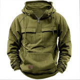 New autumn-winter men’s hooded solid-color casual hoodie - fashionable young man’s multi-pocket patch hoodie pullover