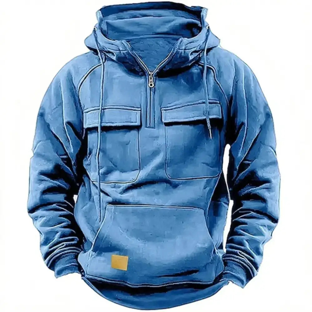 New autumn-winter men’s hooded solid-color casual hoodie - fashionable young man’s multi-pocket patch hoodie pullover