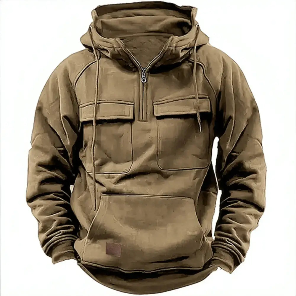 New autumn-winter men’s hooded solid-color casual hoodie - fashionable young man’s multi-pocket patch hoodie pullover