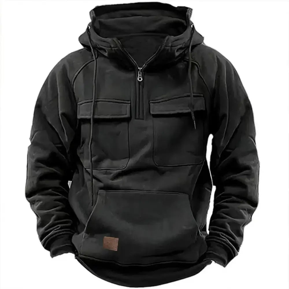 New autumn-winter men’s hooded solid-color casual hoodie - fashionable young man’s multi-pocket patch hoodie pullover