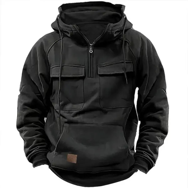 Men’s Hooded Solid Color Hoodie – Fashionable Casual Multi-Pocket Patch Pullover - black / XXXL