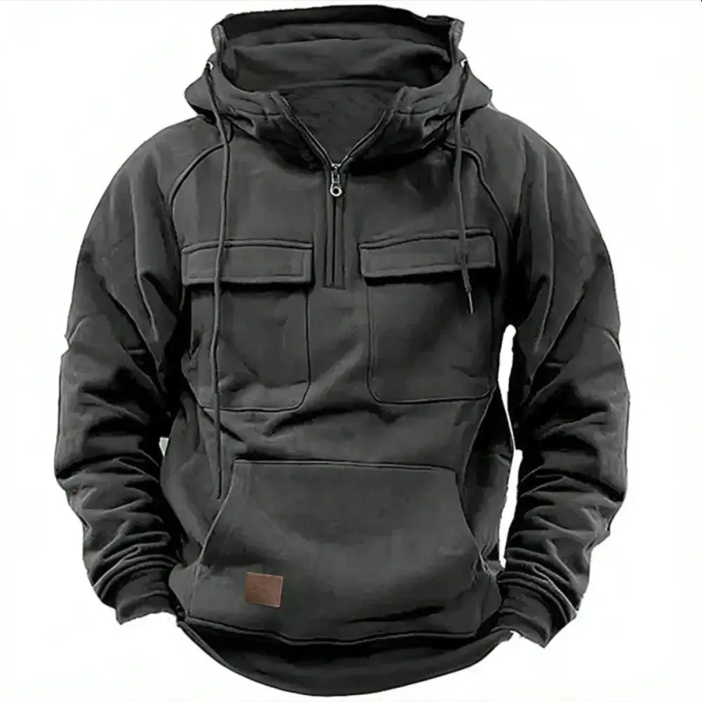 New autumn-winter men’s hooded solid-color casual hoodie - fashionable young man’s multi-pocket patch hoodie pullover