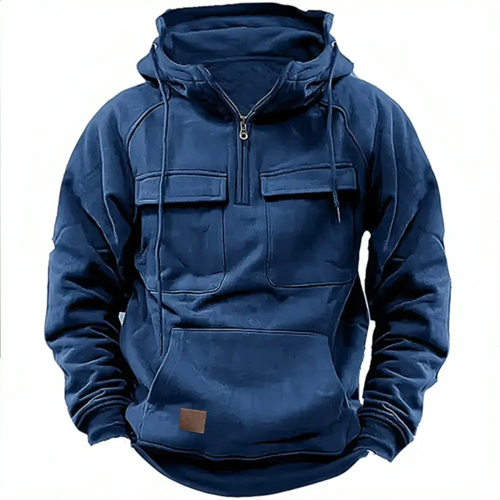 New autumn-winter men’s hooded solid-color casual hoodie - fashionable young man’s multi-pocket patch hoodie pullover