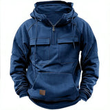 New autumn-winter men’s hooded solid-color casual hoodie - fashionable young man’s multi-pocket patch hoodie pullover