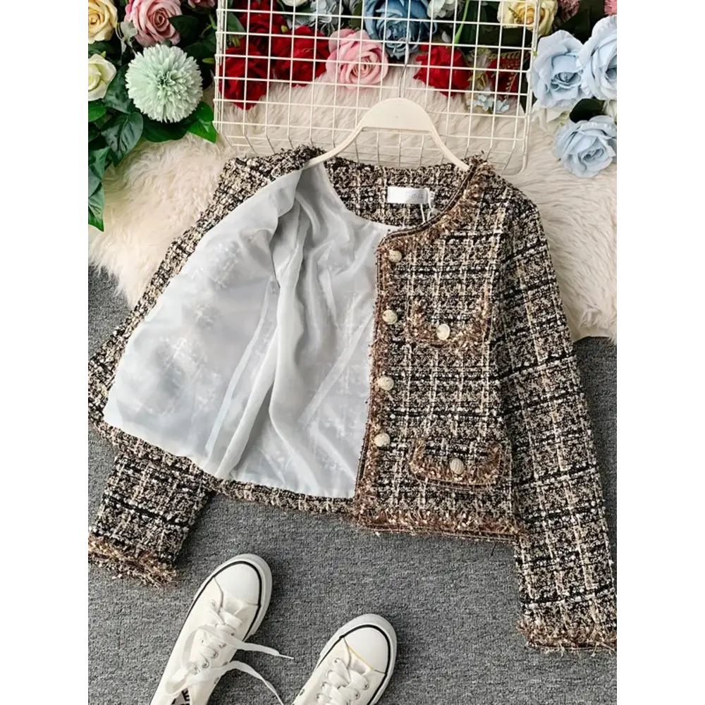 New Autumn Winter Vintage Tweed Jacket Coat Women Small Fragrance Patchwork Korean Woollen Cropped Coats Elegant Short