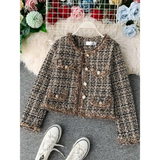 New Autumn Winter Vintage Tweed Jacket Coat Women Small Fragrance Patchwork Korean Woollen Cropped Coats Elegant Short