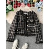 New Autumn Winter Vintage Tweed Jacket Coat Women Small Fragrance Patchwork Korean Woollen Cropped Coats Elegant Short