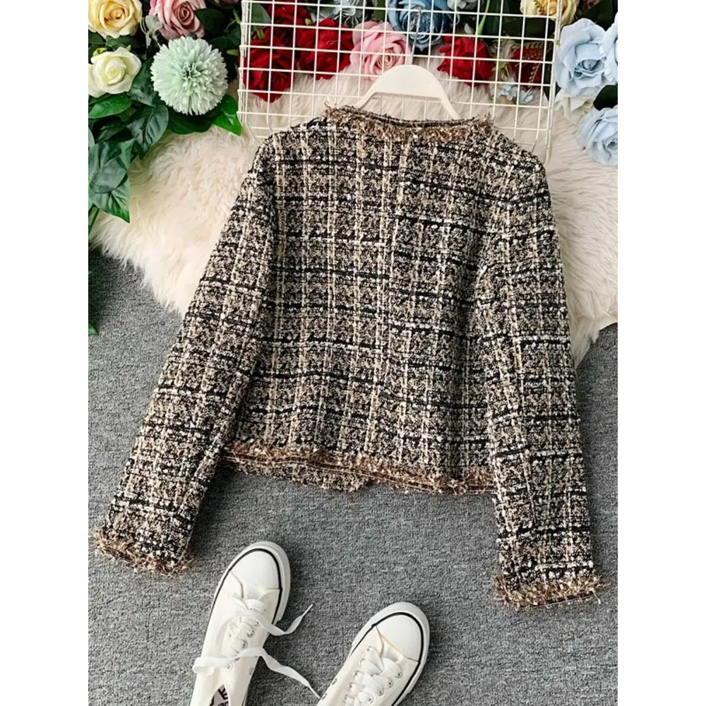 New Autumn Winter Vintage Tweed Jacket Coat Women Small Fragrance Patchwork Korean Woollen Cropped Coats Elegant Short