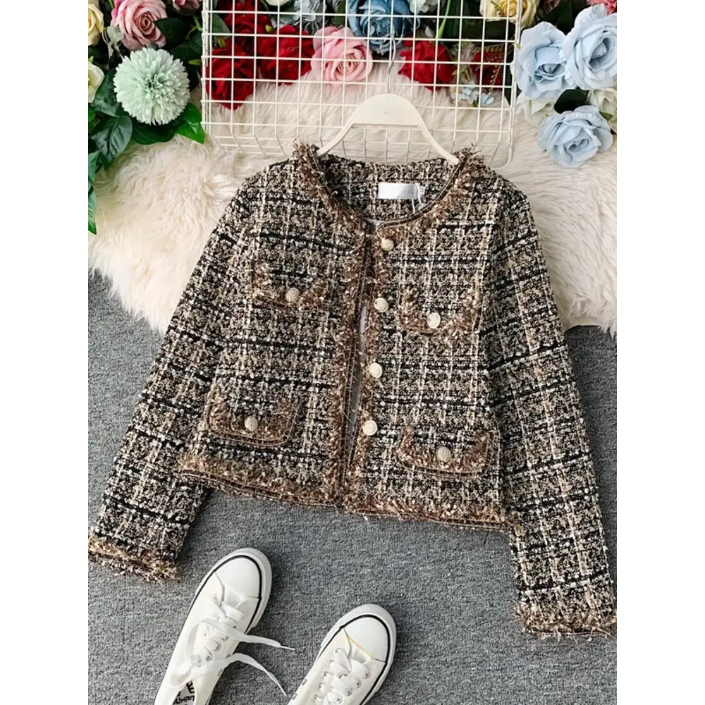 New Autumn Winter Vintage Tweed Jacket Coat Women Small Fragrance Patchwork Korean Woollen Cropped Coats Elegant Short