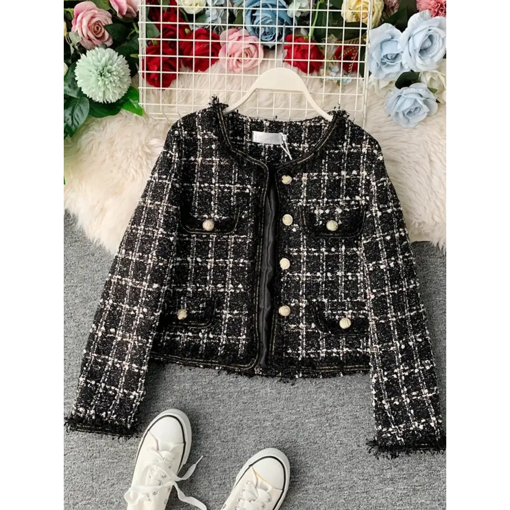 New Autumn Winter Vintage Tweed Jacket Coat Women Small Fragrance Patchwork Korean Woollen Cropped Coats Elegant Short