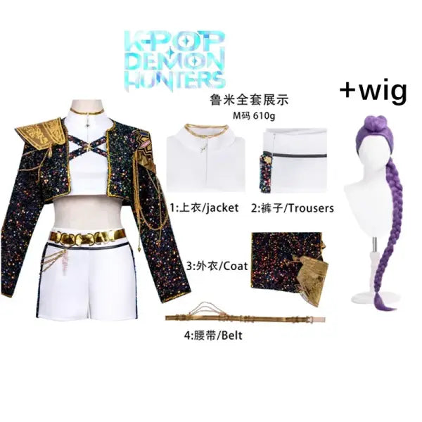 Women’s Black & Gold K-Pop Demon Hunters Cosplay Costume – Halloween Party Outfit - Rumi Costume Wig / 140