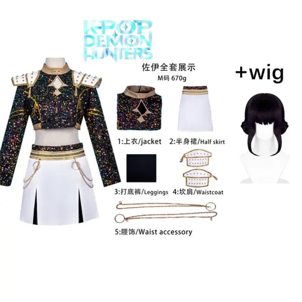 Women’s Black & Gold K-Pop Demon Hunters Cosplay Costume – Halloween Party Outfit - Zoey Costume Wig / XXL