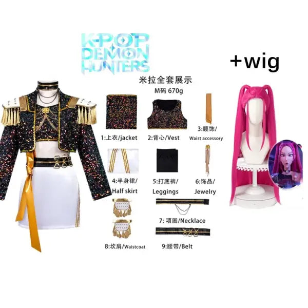 Women’s Black & Gold K-Pop Demon Hunters Cosplay Costume – Halloween Party Outfit - Mira Costume Wig / 140