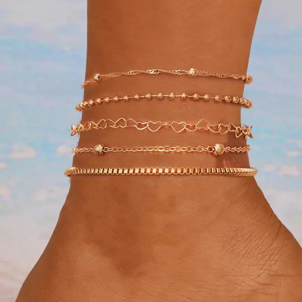 Women’s Heart & Butterfly Anklet Set – Bohemian Beaded Beach Retro Party Jewelry - OV6075701