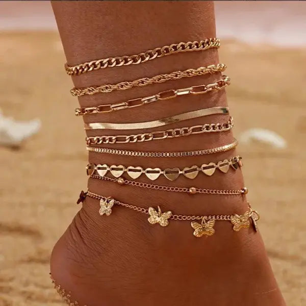Women’s Heart & Butterfly Anklet Set – Bohemian Beaded Beach Retro Party Jewelry - OV6293801HB