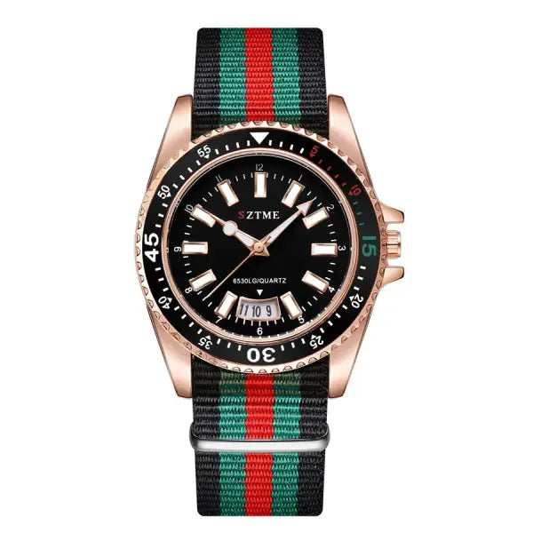 Nylon band material type watch with a complete calendar - Rose Black / Yes