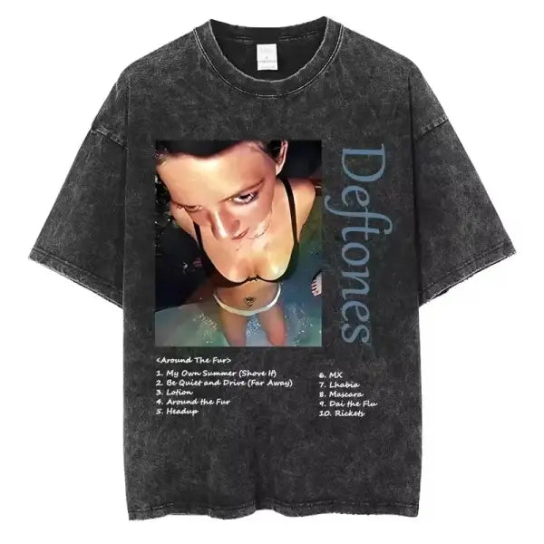 Vintage Washed Deftones Graphic T-Shirt - Y2K Hip Hop Style Nu-Metal Band Tee - Oversized Distressed Streetwear for Men