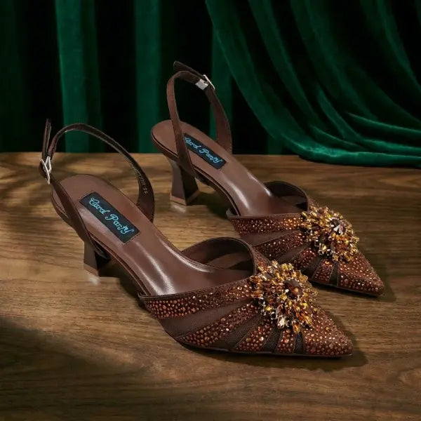 Tiny Rhinestones High Heels Women Brown Pumps Evening Wear