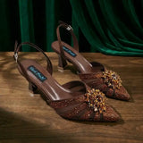 Tiny Rhinestones High Heels Women Brown Pumps Evening Wear