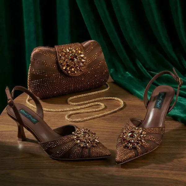 Tiny Rhinestones High Heels Women Brown Pumps Evening Wear