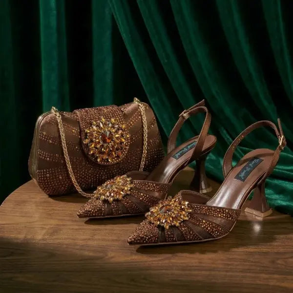 Tiny Rhinestones High Heels Women Brown Pumps Evening Wear - Coffee / 38 / China Mainland