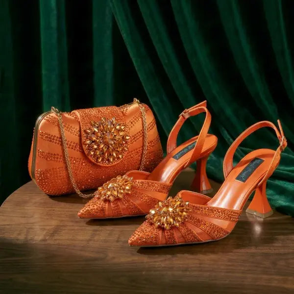 Tiny Rhinestones High Heels Women Brown Pumps Evening Wear - Orange / 39 / China Mainland