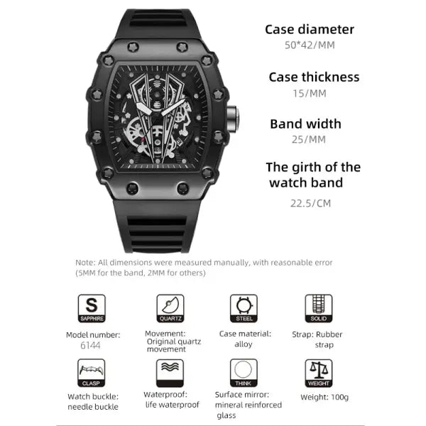 Quartz Watch Alloy Case Silicone Band Luxury Sports Waterproof
