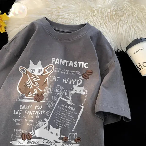 New Men Women T Shirt Pullover Oversize Korean version Cartoon Cat Group Printed T-Shirt Casual Short Sleeve Couples