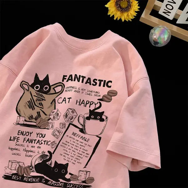 Unisex Oversized Cartoon Cat Graphic Tee – Aesthetic K-Fashion Short Sleeve T-Shirt Loose Fit Couple’s Streetwear Top