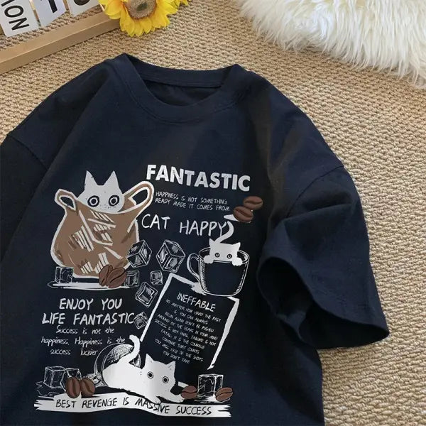 New Men Women T Shirt Pullover Oversize Korean version Cartoon Cat Group Printed T-Shirt Casual Short Sleeve Couples