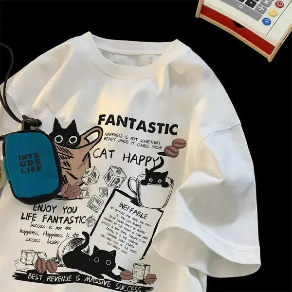 New Men Women T Shirt Pullover Oversize Korean version Cartoon Cat Group Printed T-Shirt Casual Short Sleeve Couples
