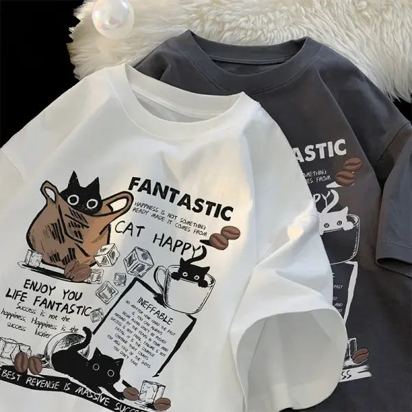 New Men Women T Shirt Pullover Oversize Korean version Cartoon Cat Group Printed T-Shirt Casual Short Sleeve Couples