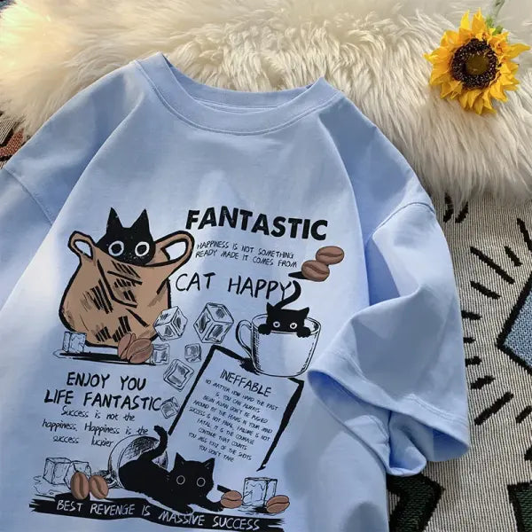 New Men Women T Shirt Pullover Oversize Korean version Cartoon Cat Group Printed T-Shirt Casual Short Sleeve Couples