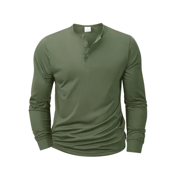 Men’s Long Sleeve Henley T-Shirt – Soft Cotton Band Collar Pullover Casual Button-Neck Basic Tee for Men - army green