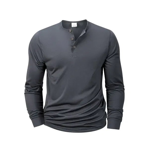 Men’s Long Sleeve Henley T-Shirt – Soft Cotton Band Collar Pullover Casual Button-Neck Basic Tee for Men - Dark Grey / S