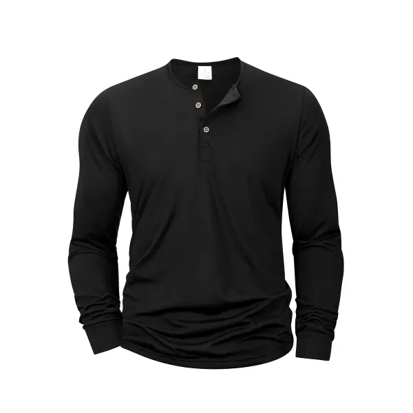 Men’s Long Sleeve Henley T-Shirt – Soft Cotton Band Collar Pullover Casual Button-Neck Basic Tee for Men - black / 3XL