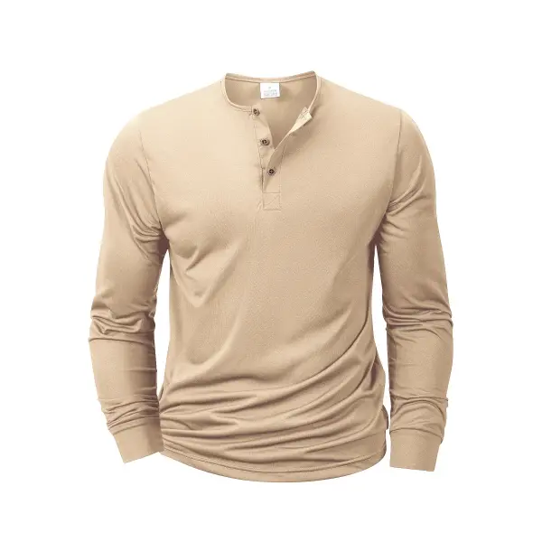 Men’s Long Sleeve Henley T-Shirt – Soft Cotton Band Collar Pullover Casual Button-Neck Basic Tee for Men - Khaki / XL