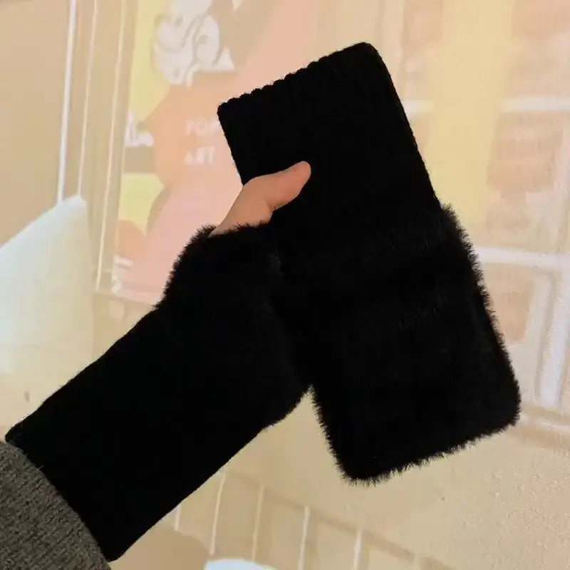 New Mink Fleece Half Finger Gloves for Women’s Soft Winter Warmth Luxury Solid Color Plush Knitted Fingerless Gloves