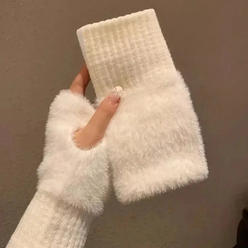 New Mink Fleece Half Finger Gloves for Women’s Soft Winter Warmth Luxury Solid Color Plush Knitted Fingerless Gloves