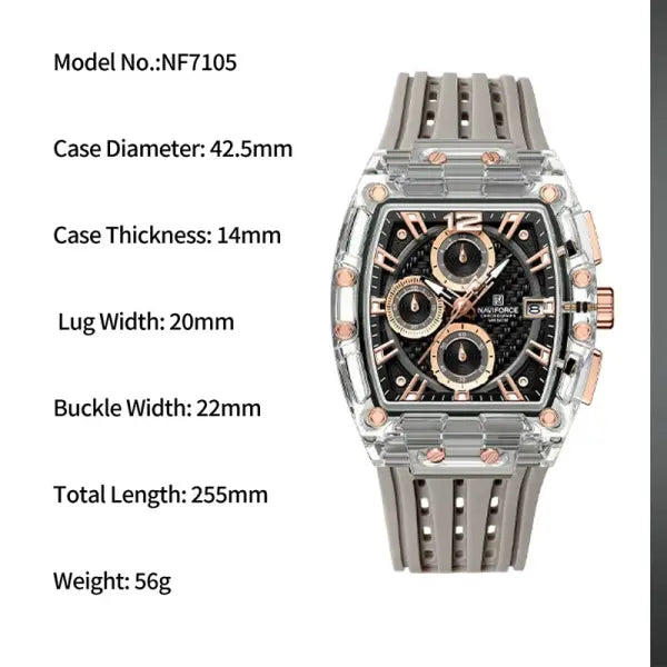 Silicone Band Quartz Chronograph Watch 5ATM Waterproof
