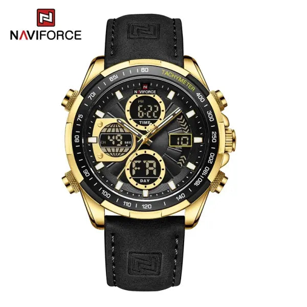 Military Sport Quartz Wristwatches Leather Chronograph - Gold Black