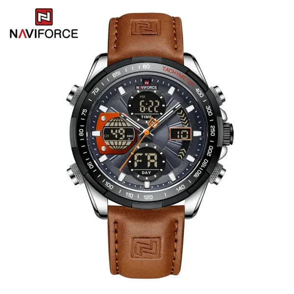 Military Sport Quartz Wristwatches Leather Chronograph - Silver Orange