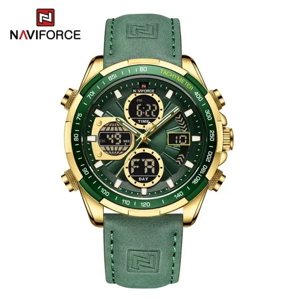 Military Sport Quartz Wristwatches Leather Chronograph - Gold Green