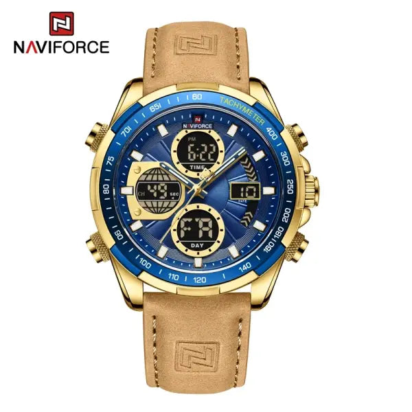 Military Sport Quartz Wristwatches Leather Chronograph - Gold Blue