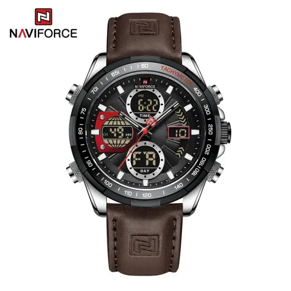 Military Sport Quartz Wristwatches Leather Chronograph - Silver Brown