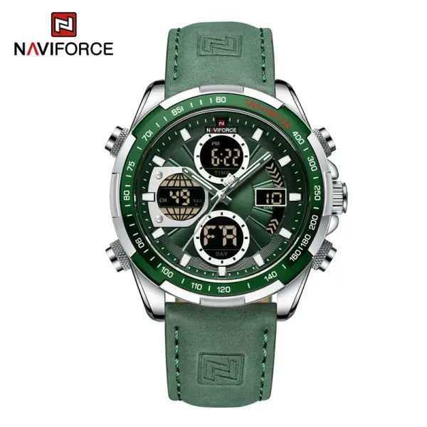 Military Sport Quartz Wristwatches Leather Chronograph - Silver Green