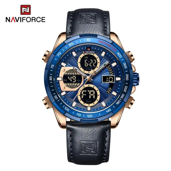 Military Sport Quartz Wristwatches Leather Chronograph - Rose Gold Blue